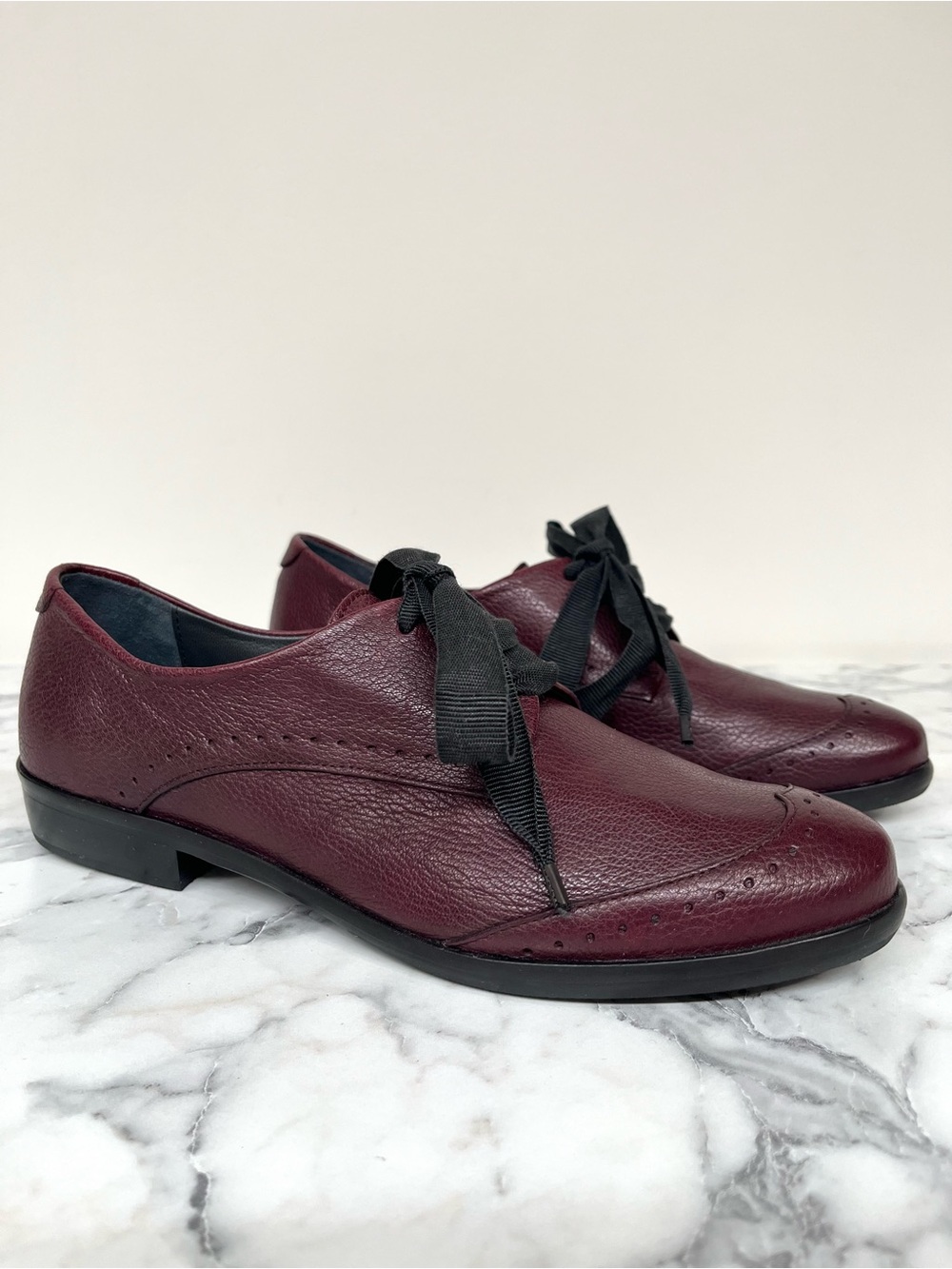 Homers Artisan burgundy leather brogue Oxford shoes pebbled leather ribbon laces
